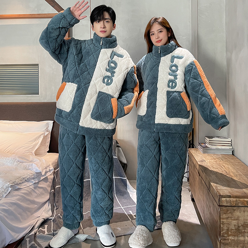 Couple's Pajamas, Winter Three-Layer Quilted Jacket, Men's and Women's Color-Blocked Coral Velvet Winter Warm Zipper Home Wear Set