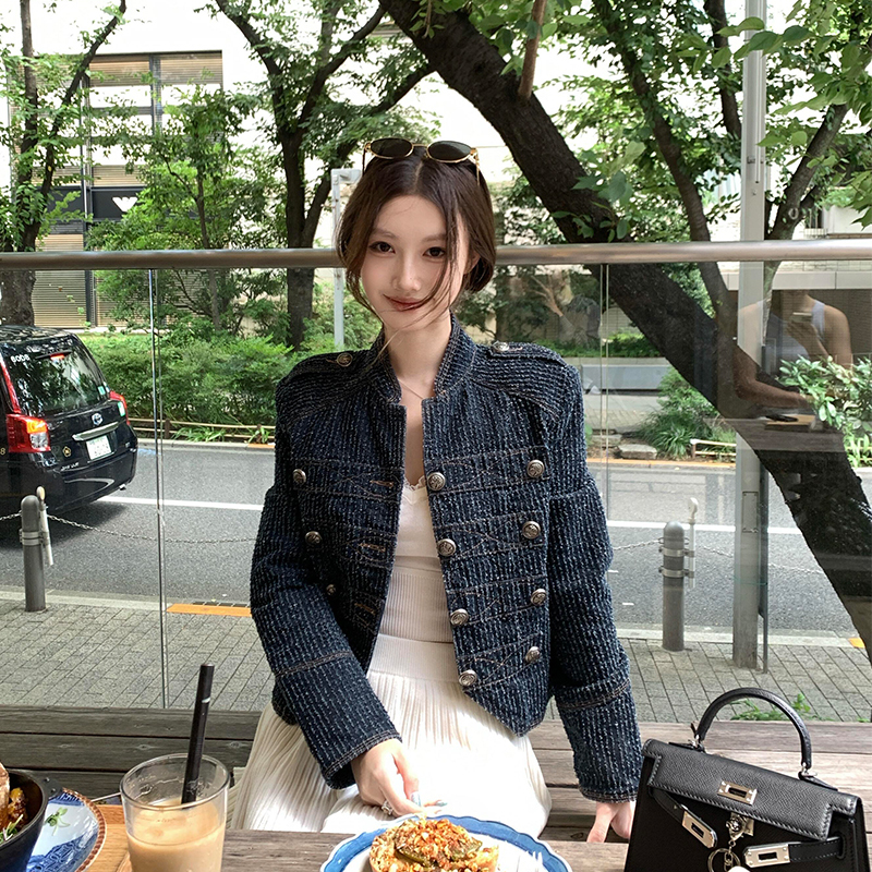 Autumn Retro Short Denim Jacket with Stand Collar and Button Closure for Women, New Autumn Style with Unique Design