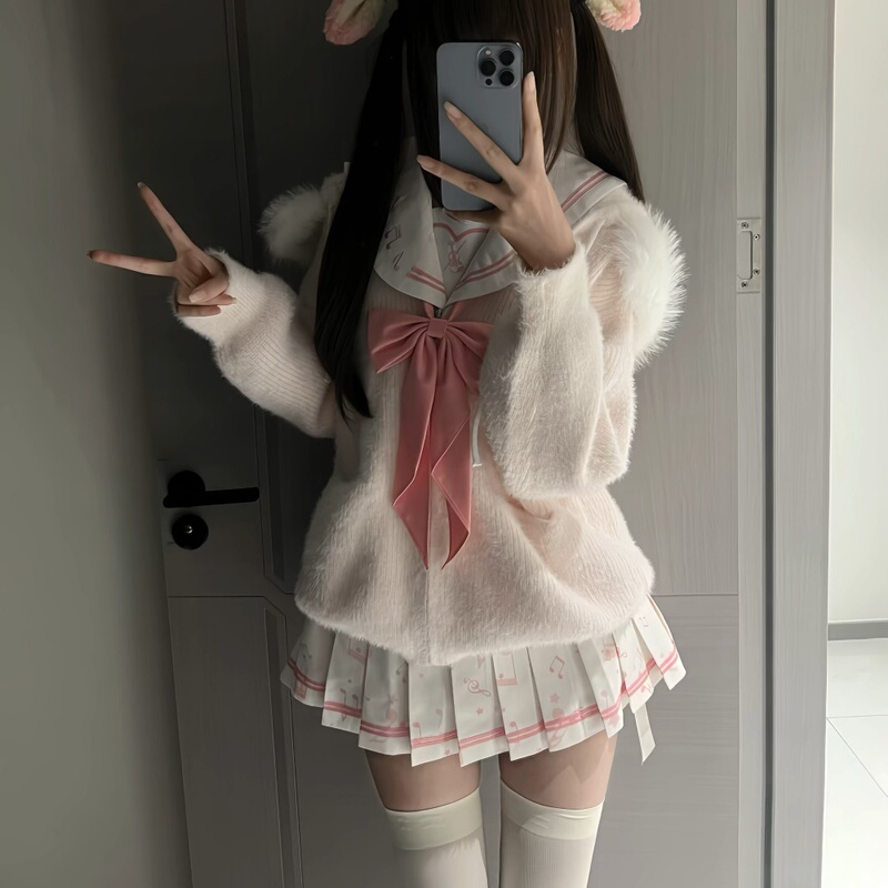 【Fur Collar Hoodie】Linwanxin Original Jk Uniform Sailor Suit School-Style Sweater Set Cardigan Jacket Top
