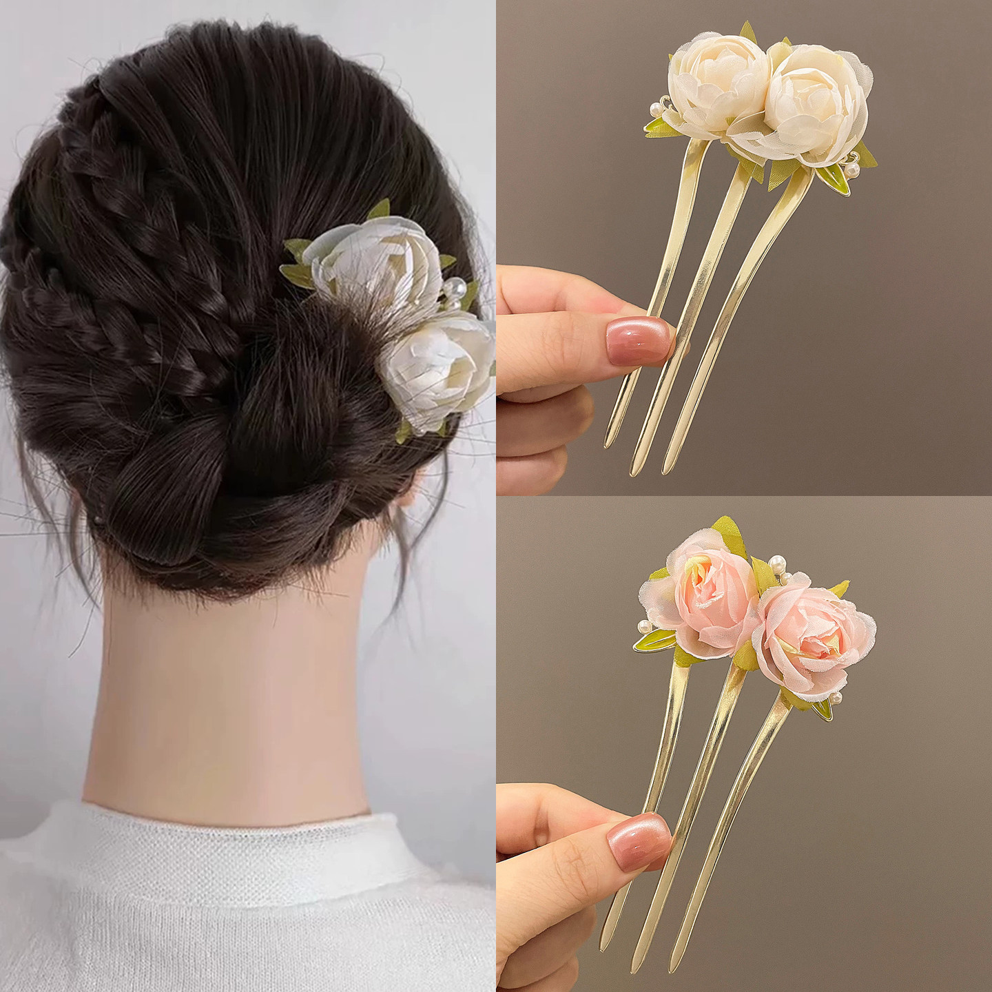 Three-pronged hairpin, traditional Chinese style hair ornament for women's updo, new Chinese style peony flower hair comb, hair comb, flower head ornament