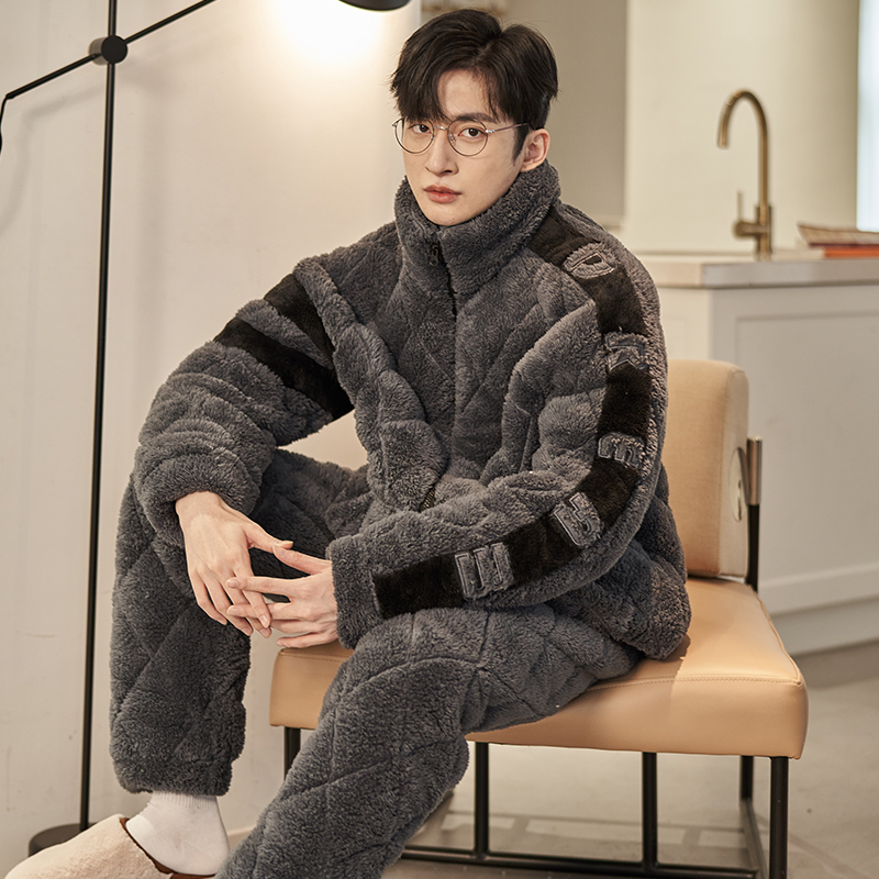Men's Pajamas Winter Thicken Plus Suede Triple Clip Cotton Warm Coral Suede Flannel Sumpsuit Suits Suit-Taobao