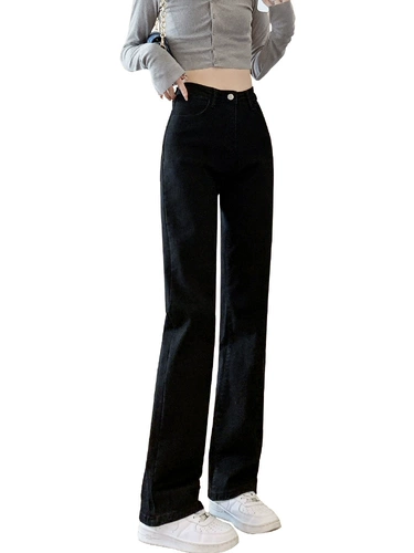 Черные цветные эластичные прямые свободные джинсы, осенние штаны, высокая талия, по фигуре, свободный крой
