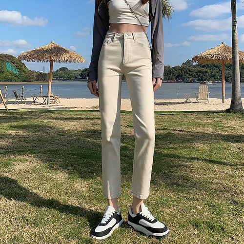 Осенние приталенные джинсы, весенние белые штаны, высокая талия, подходит для подростков