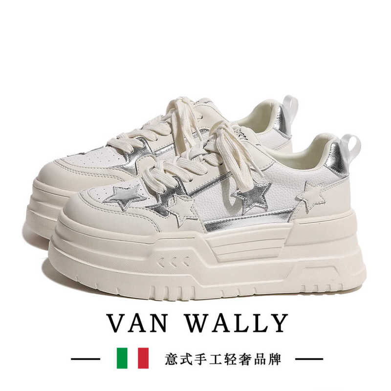 Vanwally Silver Star White Sneakers for Women 2025 Summer New Platform Thick-Soled Height-Increasing Sports Casual Shoes for Women