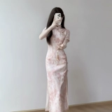 汀玥苓 Летнее розовое легкое ципао, китайский стиль, облегающий крой