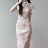 汀玥苓 Летнее розовое легкое ципао, китайский стиль, облегающий крой