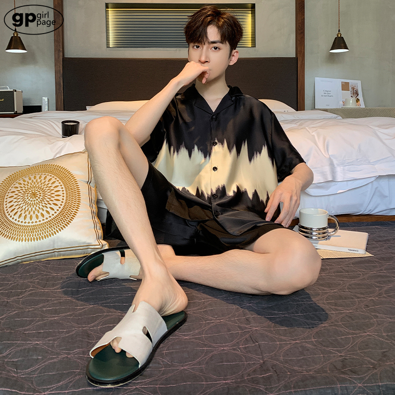 Japanese Gp Ice Silk Pajamas for Men, Summer Short-Sleeved Shorts, Silk Loose-Fitting Youth Student Simple Loungewear Set