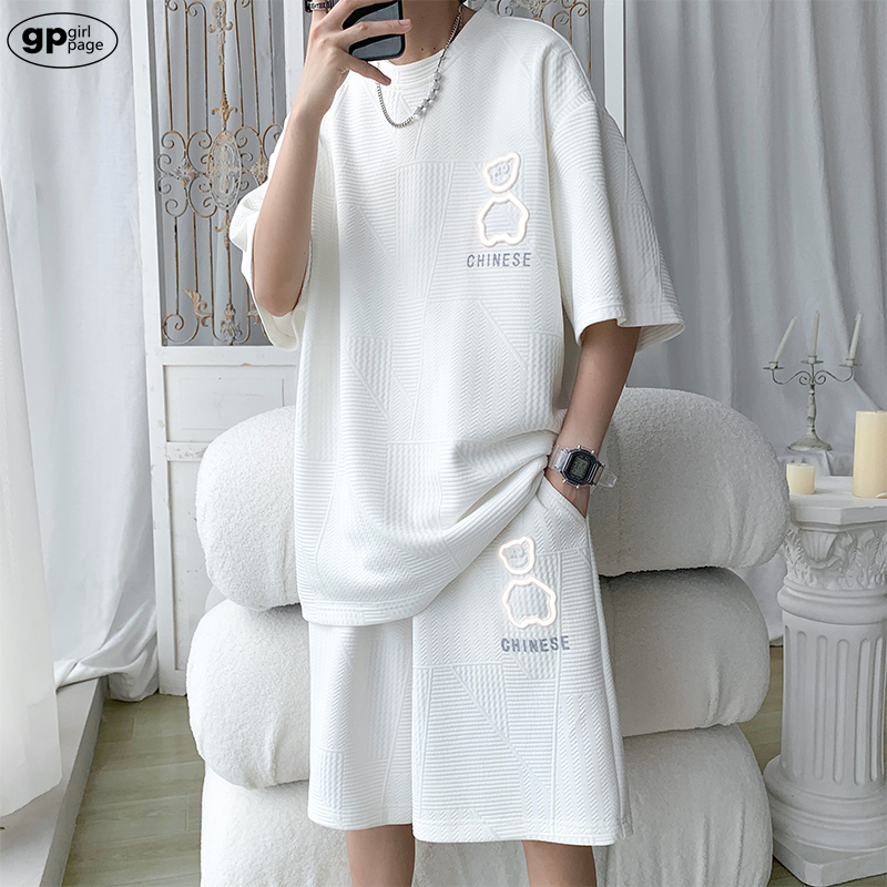 Japanese Gp Waffle Cotton Bear Pajamas for Men, Summer Thin Loose Short-Sleeve Shorts Sports Loungewear Set