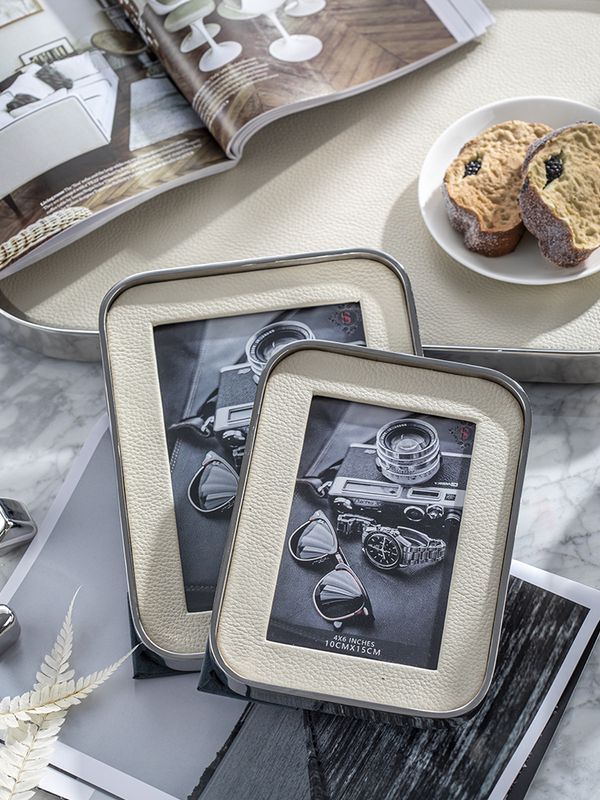 High-End Leather Photo Frame, Modern and Simple, Stainless Steel, High-End Leather Photo Frame, Study Bedside Table Decoration