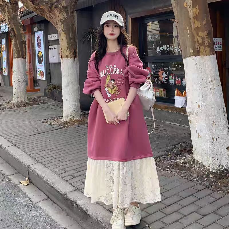 Early Autumn Preppy Style Loose T-Shirt Dress for Women, Winter 2025 Korean Style Rose Red Lace Splicing Elegant Long Dress