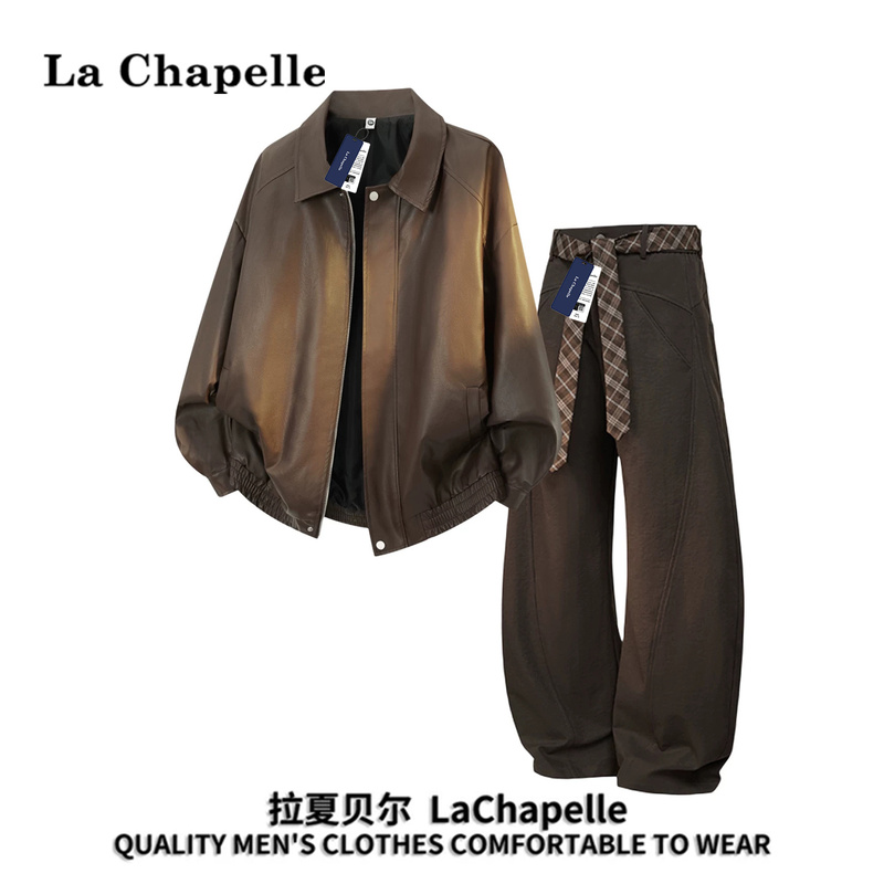 La Chapelle Retro Black Pu Leather Jacket Casual Suit Men's New Autumn Style High-End Outfit Set La Chapelle Retro Black Pu Leather Jacket Casual Suit Men's New Autumn Style High-End Outfit Set
