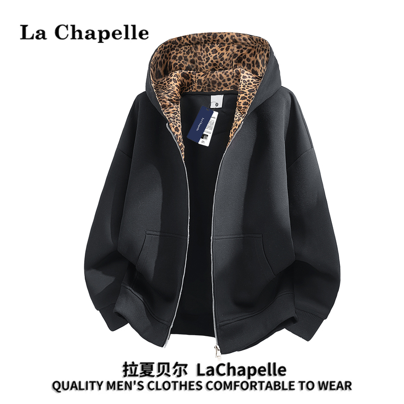 La Chapelle American Retro Leopard Print Hooded Cardigan Sweatshirt for Men, Autumn Loose Casual Stylish Jacket