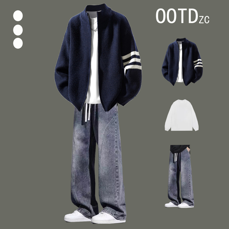 Autumn Men's Clothing Set, Lazy Style Sweater Paired with Jeans, Men's American-Style High-End Fashion Three-Piece Set