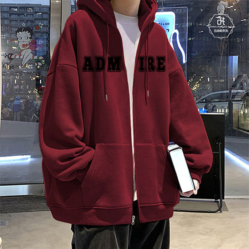 Hooded Burgundy Cardigan Sweatshirt for Men, Autumn and Winter, Fleece-Lined, Thickened, American Retro, Loose Fit, Spring and Autumn, Thin Zip-Up Jacket