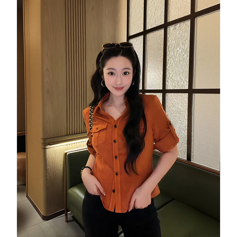 Big Li Plus “Pumpkin Orange Shirt” Slim Fit Commuting Vintage Photo Shoot Long Sleeve Shirt Sd604209