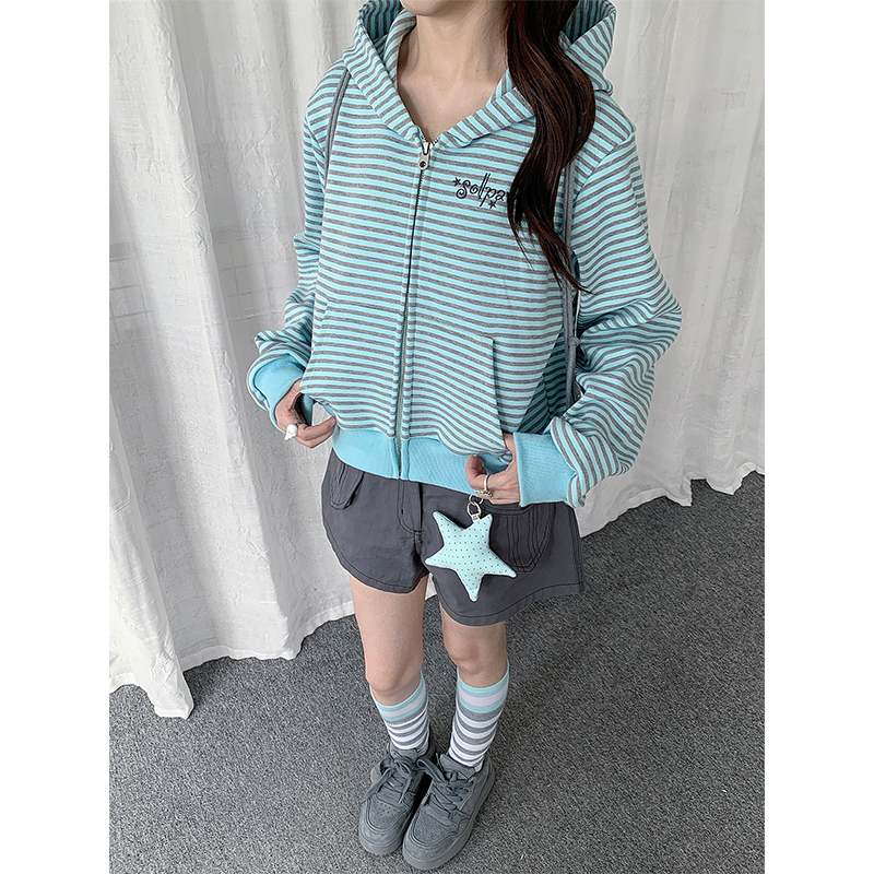 Solpaw Retro Striped Light Asian Style Cardigan Hooded Sweatshirt for Women Spring and Autumn Y2K Loose Versatile Zipper Jacket