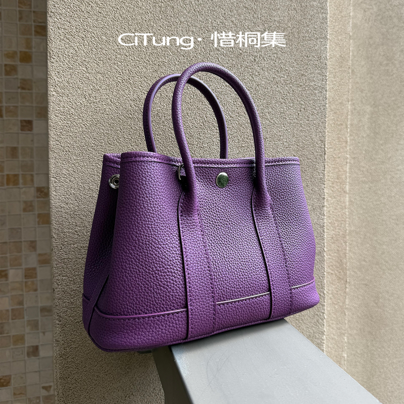 Genuine Leather Garden Bag, Purple Fashionable Large-Capacity Commuter Tote Bag, Single Shoulder Crossbody Mommy Bag, Niche Handbag for Women