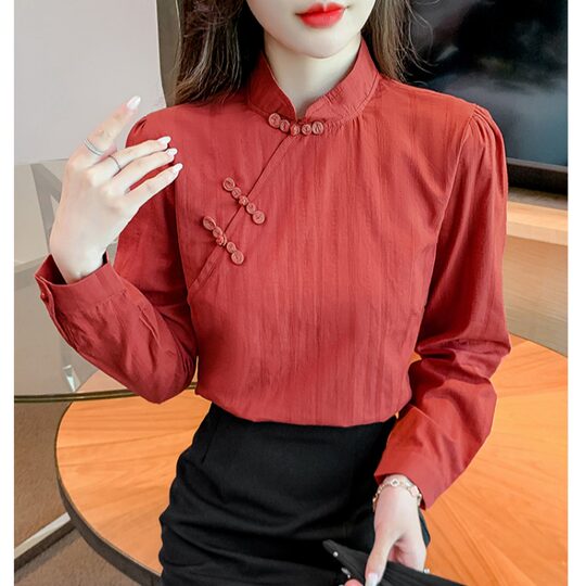 立领旗袍式盘扣衬衫女秋季新款长袖新中式纯棉上衣