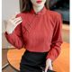 立领旗袍式盘扣衬衫女秋季新款长袖新中式纯棉上衣