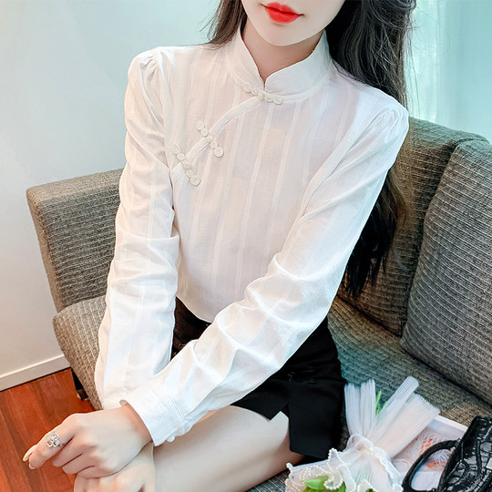 立领旗袍式盘扣衬衫女秋季新款长袖新中式纯棉上衣