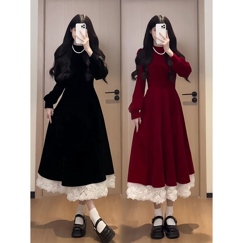 ハイエンドの赤いクリスマスと新年のベルベットのドレス女性 2024 秋と冬の新しいフレンチスタイルのウエストスカート