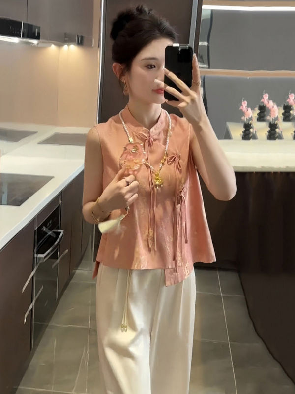 New Chinese-Style Retro National Style Suit for Women, Summer New Style, Elegant Slim-Fit Stand-Up Collar Vest Top and Wide-Leg Pants Two-Piece Set