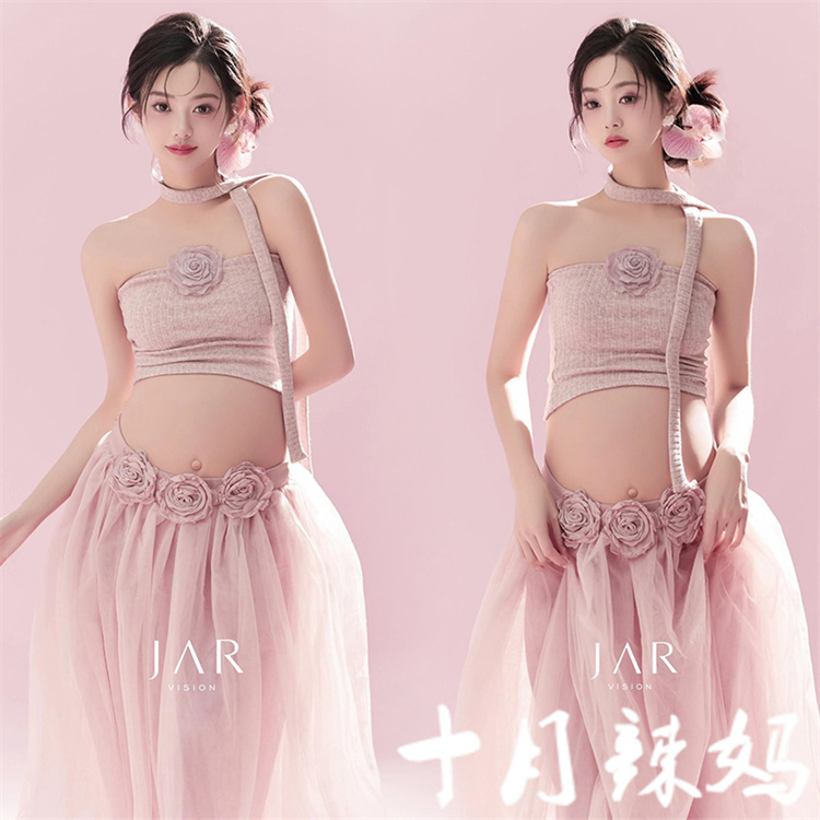 Photo Studio Maternity Photography Outfit, Beautiful Pink Two-Piece Set, Fresh Style for Pregnant Moms, Belly Photo Shoot Clothes for Home Use