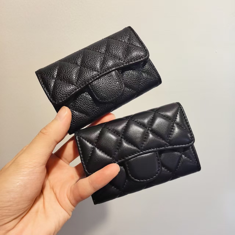 Mia Classic Genuine Leather Caviar Leather Lychee Pattern Flip Coin and Card Holder, Lambskin Quilted Chanel-Style Card Holder