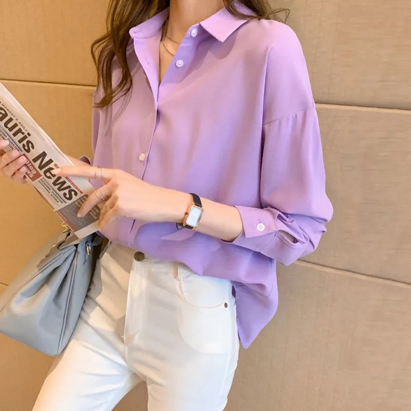 Spring and Autumn Loose-Fitting Plus-Size Solid Color Slimming Shirt for Women, Korean Style Casual Wear ins Hong Kong Style Long-Sleeved Shirt Base Layer