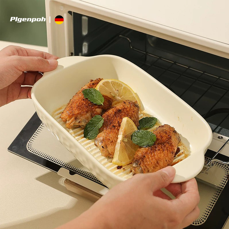 German Plgenpoh Ceramic Baking Tray for Oven, Double-Ear Rectangular Plate with a High-End Feel, Specially Designed for Microwave Heating