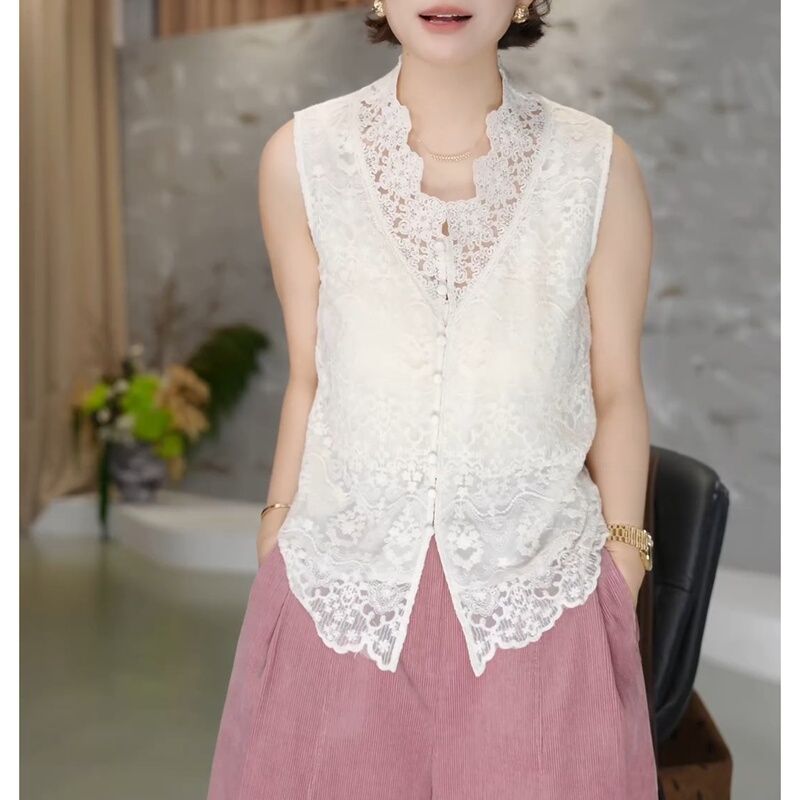 Fashionable Design Layered Slimming Versatile Top [White Jasmine] Autumn Elegant Lace Sleeveless Casual Vest