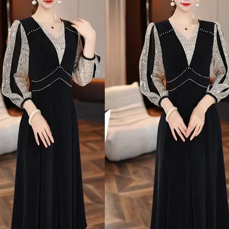 2025 Autumn New Fashion Slimming Dress for Women with Elegant Design and Sequin Patchwork Long Sleeves