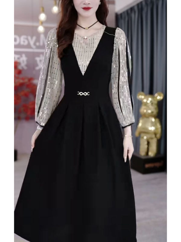 2025 Early Autumn New Fashion French-Style Dress for Women with Sequin Design, Faux Two-Piece Long-Sleeve Mid-Length Dress, Trendy