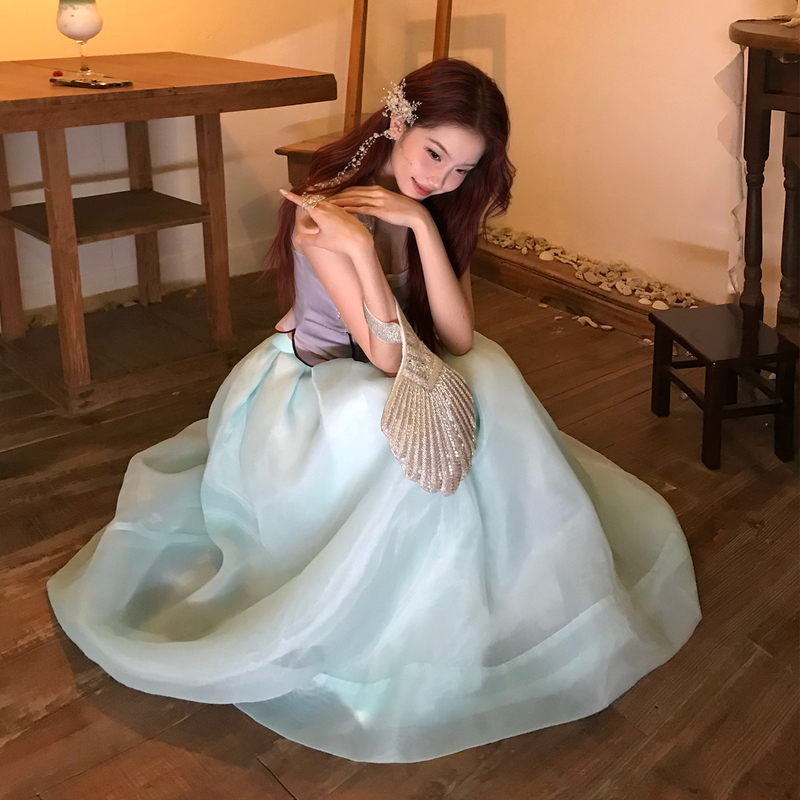 Dandd1912【Mint Jellyfish】Original Mermaid Princess Micro-Satin Skirt 4-Layer Mesh Puff Skirt