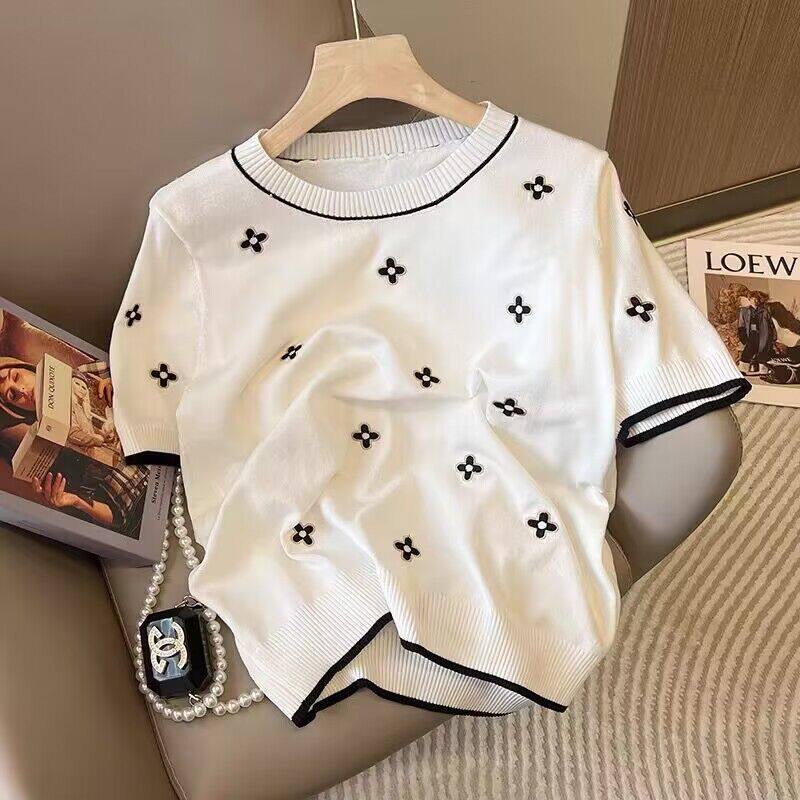 Suitable for Chanel Collaboration New Style Chanel-Inspired Four-Leaf Summer Round-Neck Ice Silk Short-Sleeve T-Shirt for Women with Embroidery and Jacquard