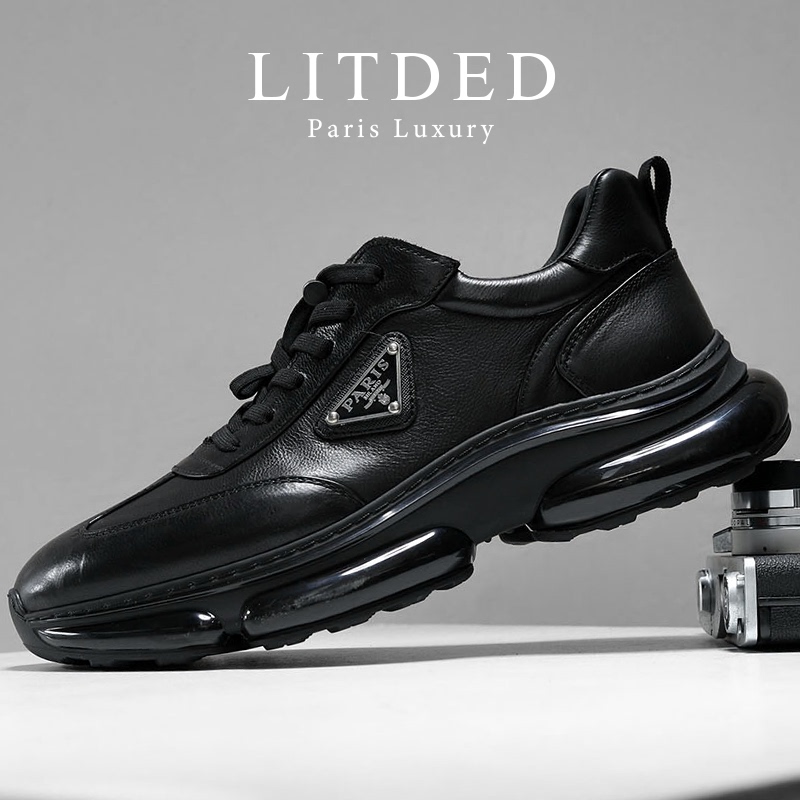 French Litded Men's Shoes Black Genuine Leather Air-Cushion Sneakers 2026 Spring Thick-Soled Comfortable Versatile Casual Shoes