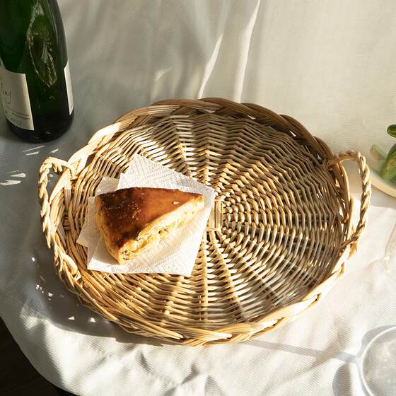 手工柳编藤编水果篮圆形食物烘培面包托盘陈列展示篮子零食筐果盘