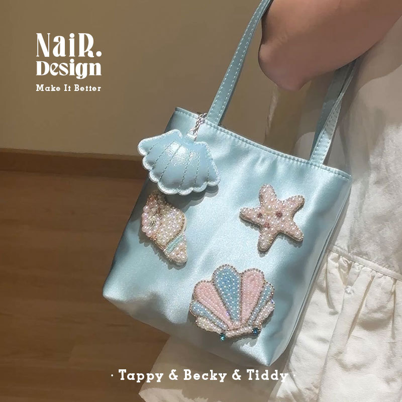 Gulinael Original Sea Breeze Satin Bag with Bead Embroidery, Handmade Handbag, High-End Light Luxury Vacation Tote Bag