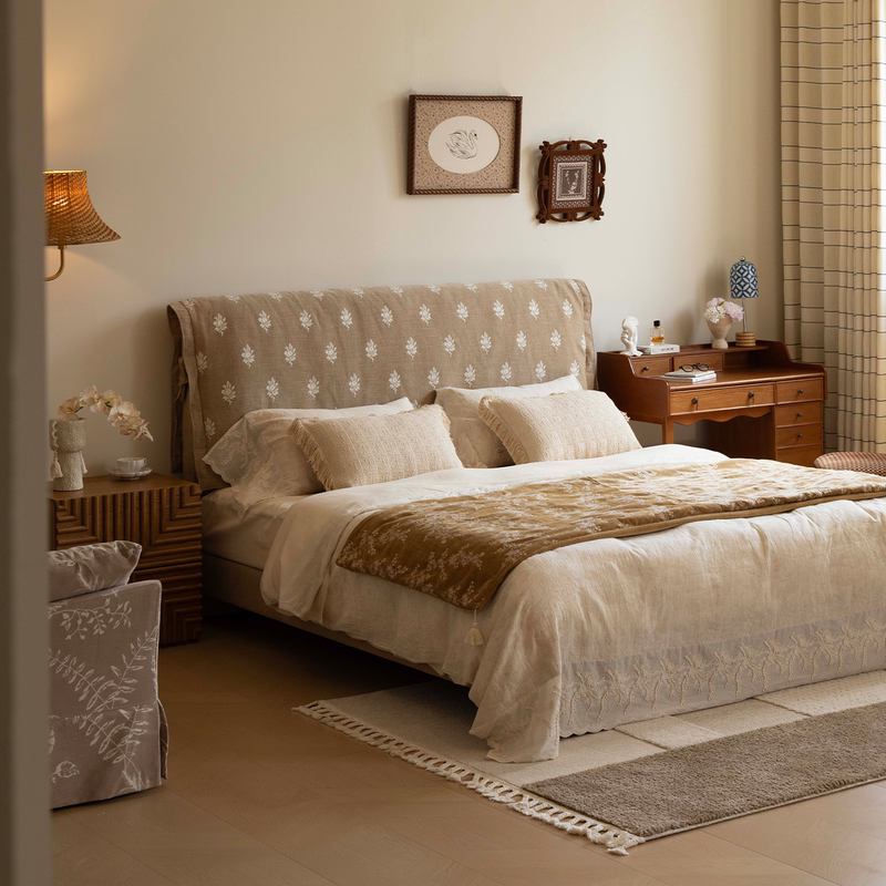 Persimmon Life Vanilla Bed French-Style Vintage Cream-Colored Removable and Washable Fabric Bed with High Backrest and Thick Soft Upholstery for Bedroom Persimmon Life Vanilla Bed French-Style Vintage Cream-Colored Removable and Washable Fabric Bed with High Backrest and Thick Soft Upholstery for Bedroom