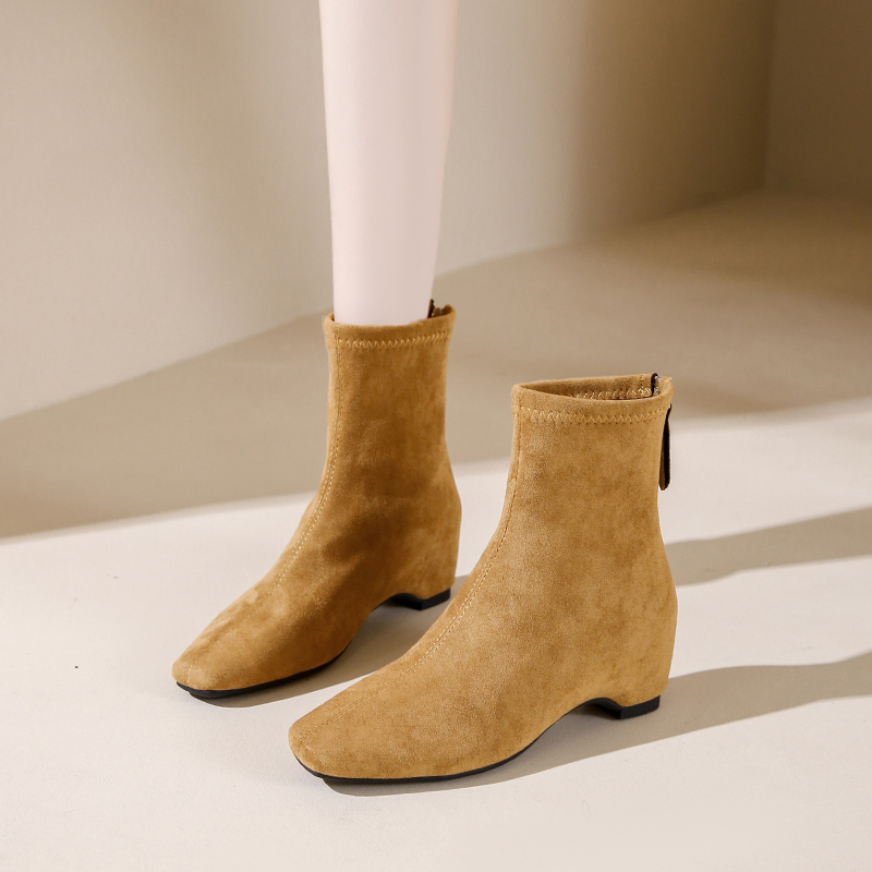 Sheepskin Version ~ Invisible Height-Increasing Side Zipper Short Chelsea Boots for Women, Chunky Heel, Square Toe Martin Boots, Ankle Boots, Single Boots