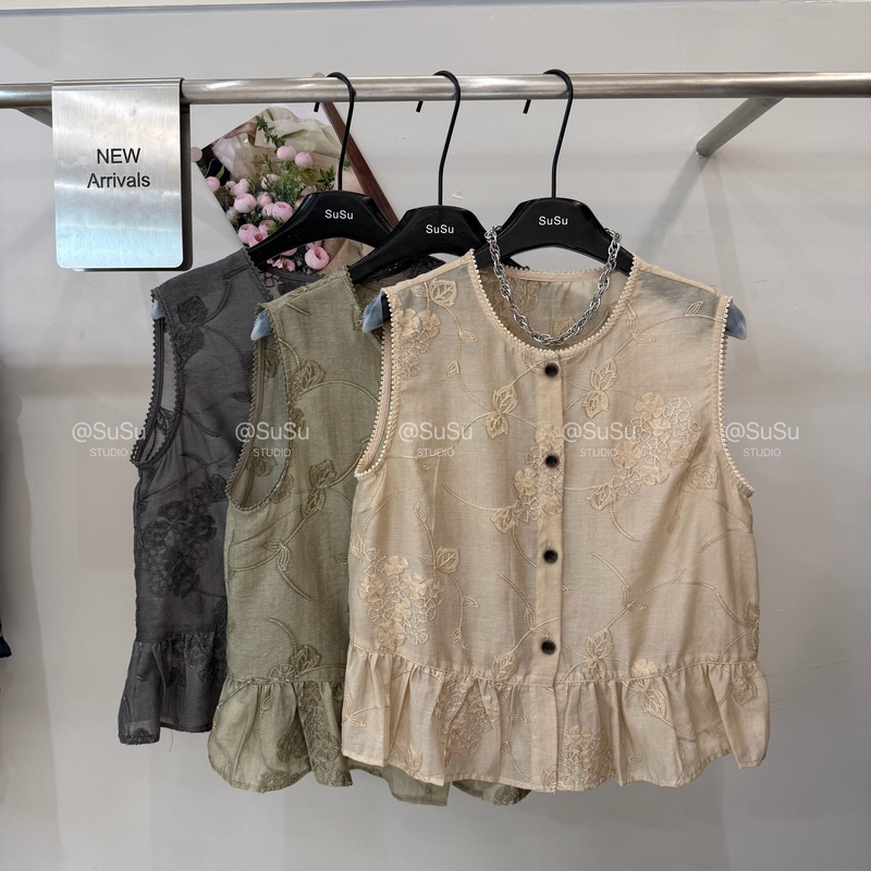 High-End European Summer New Lace Patchwork Ruffle Embroidered Sleeveless Vest Shirt Women's Top