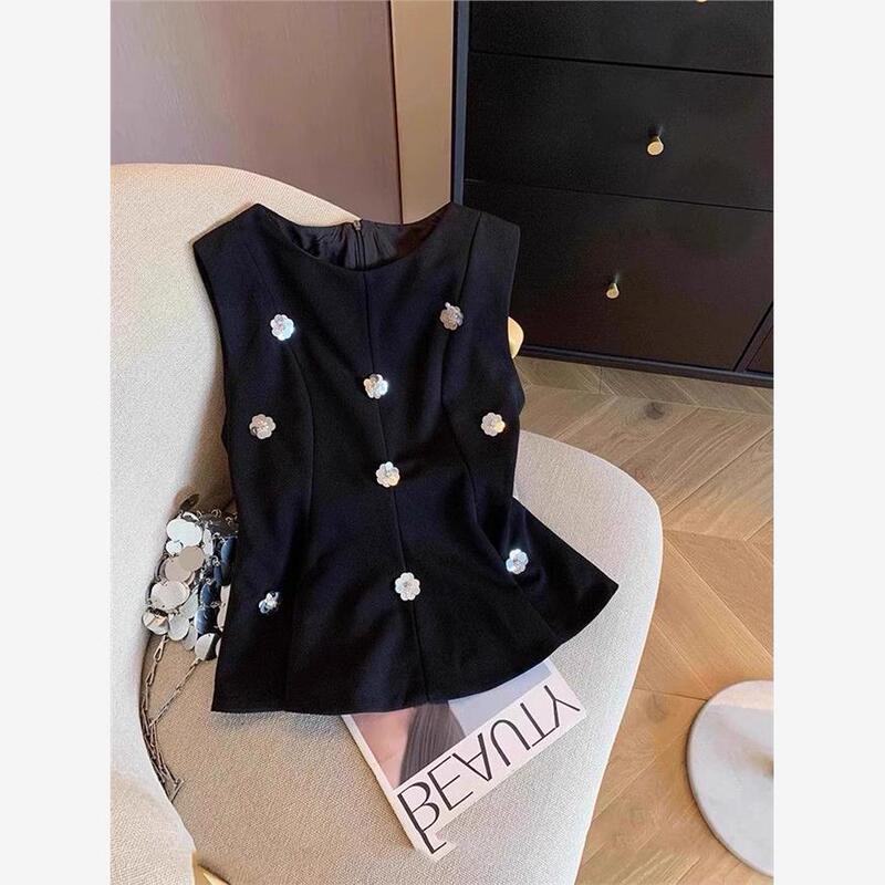 French-Style Floral Sequin Black Tank Top 2025 Summer New Trendy Waist-Cinching Versatile Sleeveless Top for Women