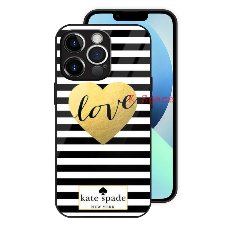 Kate Spade Is Suitable for Apple Iphone16 E 15 14 13 12 11Pro Max 12Mini Black and White Stripes Gold Heart Magsafe Glass Phone Case
