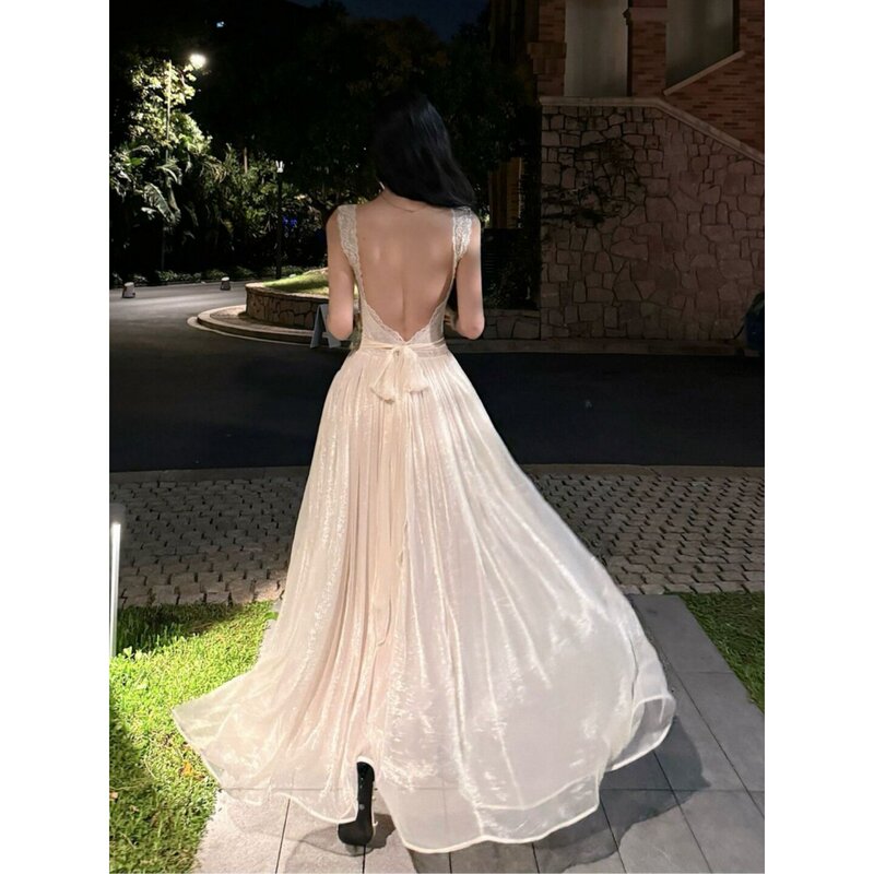 Beige Lace Patchwork Backless Spaghetti Strap Dress for Women, Perfect for Summer Vacation Photos, Stunning Beach Long Dress