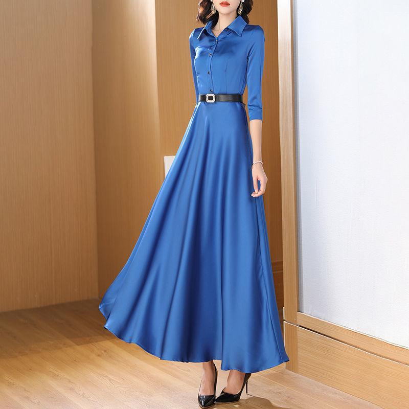 Shirt Dress for Women with a Slim Fit and Long Design in Klein Blue, Featuring a Light Luxury Fashion Style and an Elegant High-End Feel