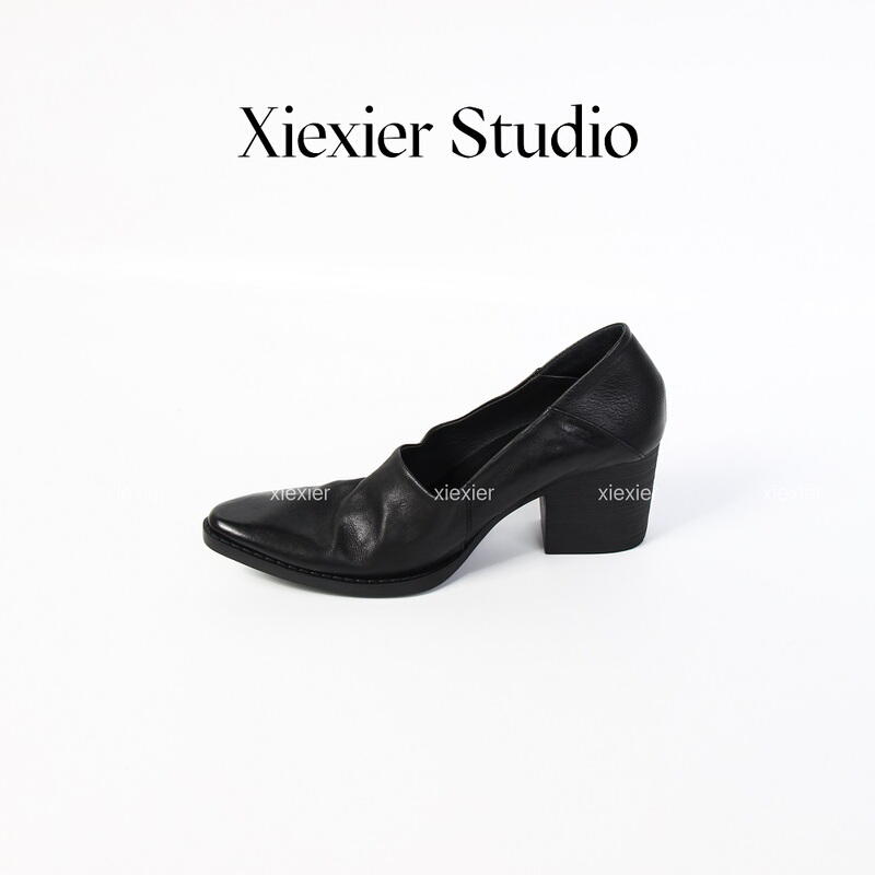 Xie Xier |   Goodyear First-Layer Waxed Cowhide Pointed-Toe Retro Soft-Soled Thick High-Heeled Versatile Commuting Shoes