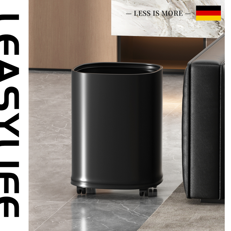 Kitchen Movable Trash Can for Home Use in the Living Room with Wheels, No Need to Bend Over, Special Design, High Aesthetic Value, Black Metal Without Lid Kitchen Movable Trash Can for Home Use in the Living Room with Wheels, No Need to Bend Over, Special Design, High Aesthetic Value, Black Metal Without Lid