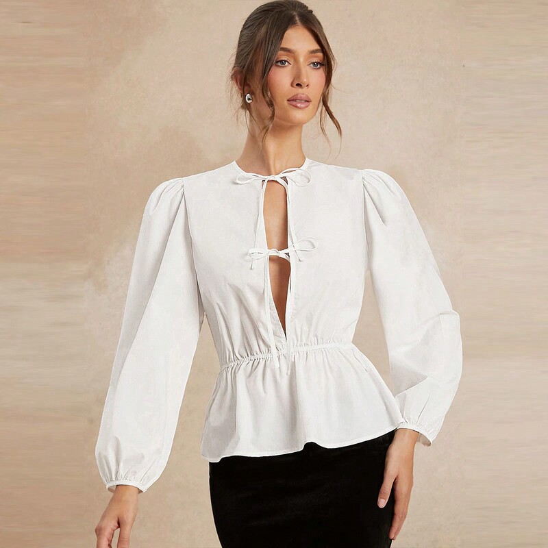 Shein Genuine Solid Color Front-Tie Ruffled Hem Elegant Long-Sleeved Shirt