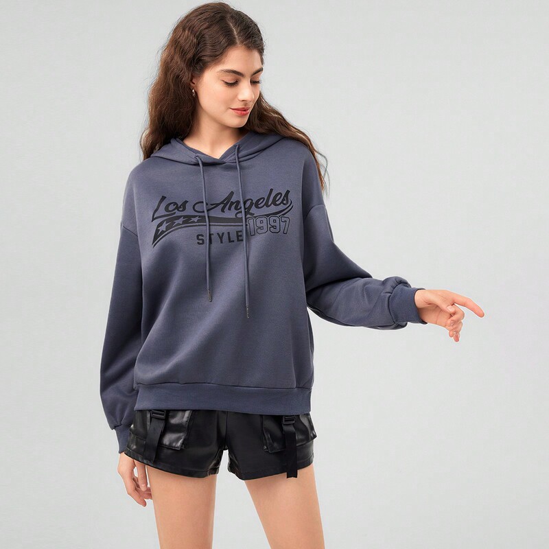Shein Genuine Autumn Women's Letter-Printed Drawstring Hooded Loose-Fitting Drop-Shoulder Long-Sleeved Sweatshirt Shein Genuine Autumn Women's Letter-Printed Drawstring Hooded Loose-Fitting Drop-Shoulder Long-Sleeved Sweatshirt