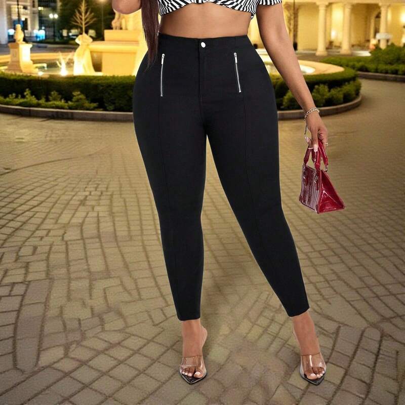 Shein Genuine Summer Women's Plus-Size Black Stretchy Stylish Double-Zip Sexy Skinny Pants